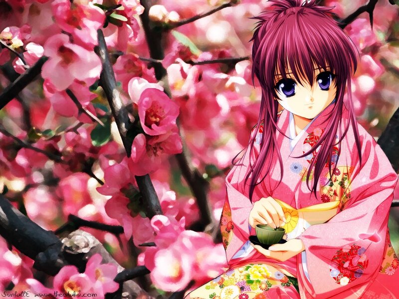 Anime Girl in Kimono — Pink, Serene, Spring, Cherry Blossoms, Tea Cup