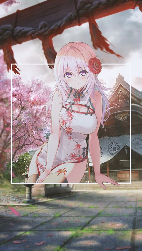 Anime Girl in Kimono — Pink, Serene, Spring, Cherry Blossoms, Temple