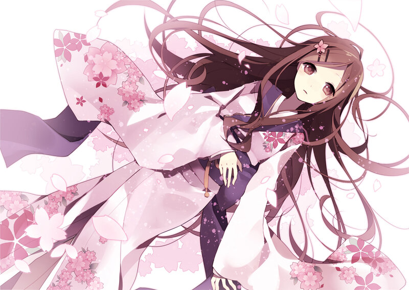 Anime Girl in Kimono — Pink, Serene, Spring, Cherry Blossoms