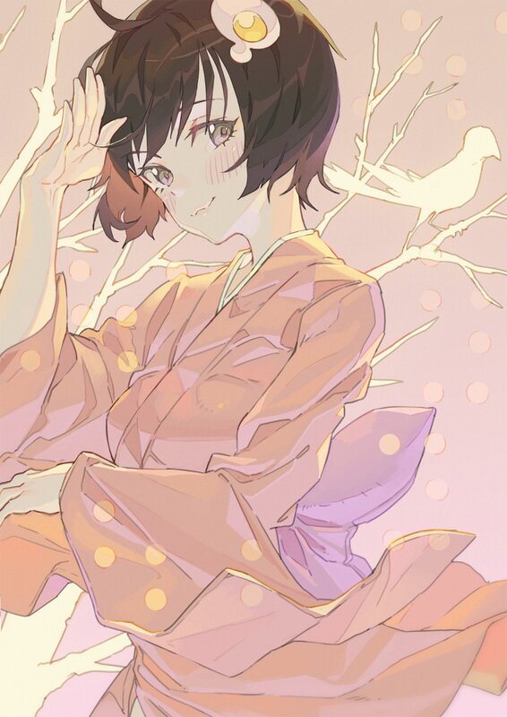 Anime Girl in Kimono — Pink, Serene, Spring, Digital Art, Bird