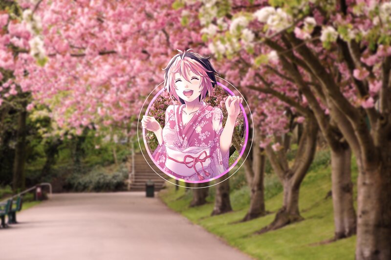 Anime Girl in Kimono — Pink, Serene, Spring, Digital Art, Cherry Blossoms, Path