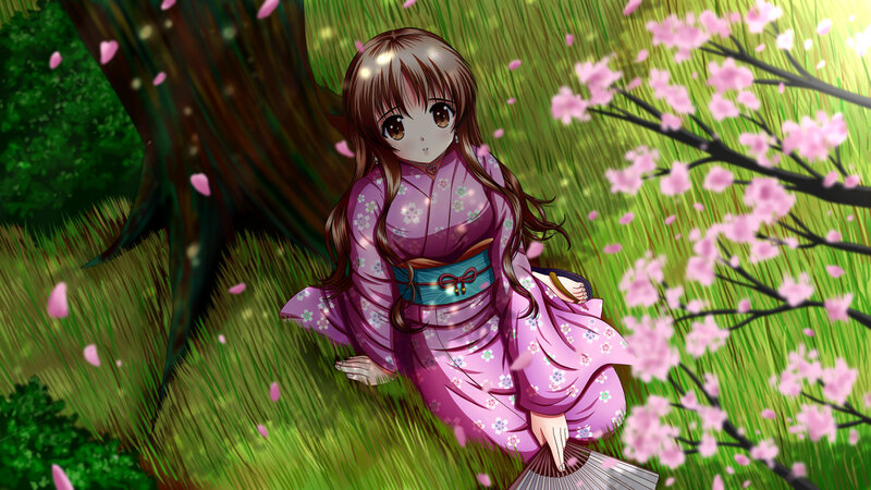 Anime Girl in Kimono — Pink, Serene, Spring, Digital Art, Cherry Blossoms, Tree
