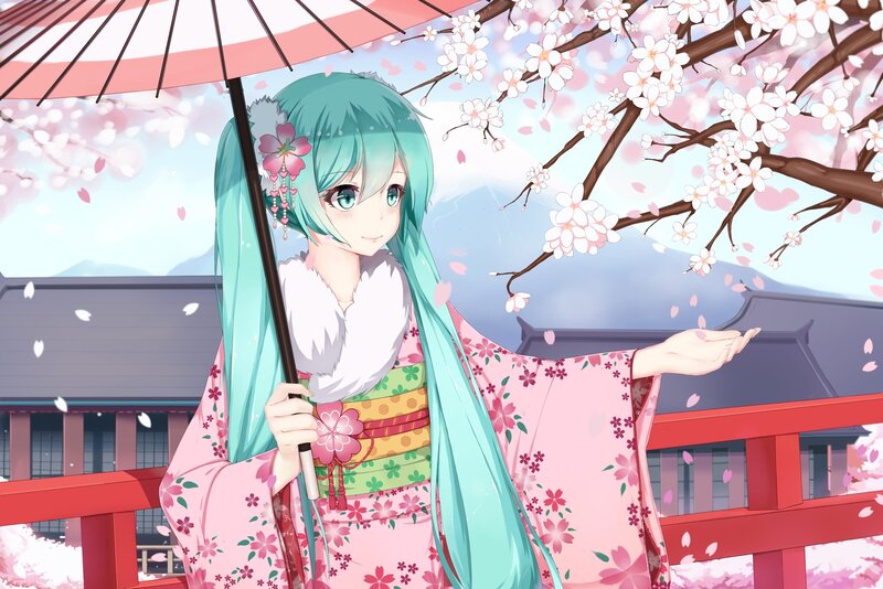 Anime Girl in Kimono — Pink, Serene, Spring, Digital Art, Cherry Blossoms, Umbrella, Bridge