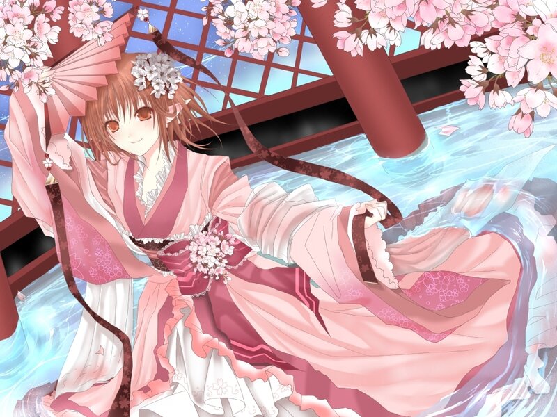 Anime Girl in Kimono — Pink, Serene, Spring, Digital Art, Cherry Blossoms, Umbrella