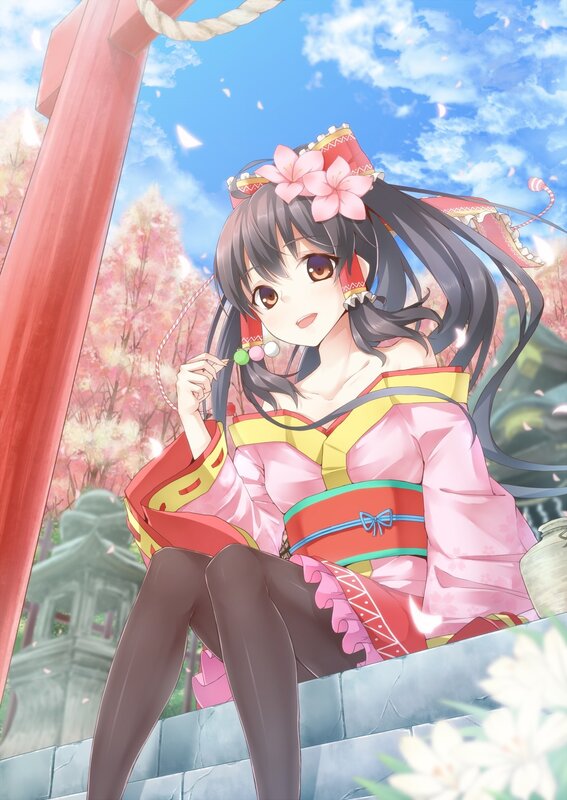 Anime Girl in Kimono — Pink, Serene, Spring, Digital Art, Sakura Trees