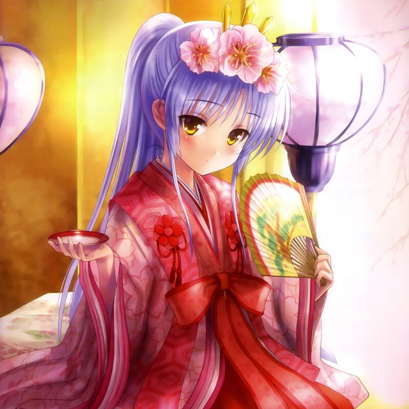 Anime Girl in Kimono — Pink, Serene, Spring, Fan, Lantern