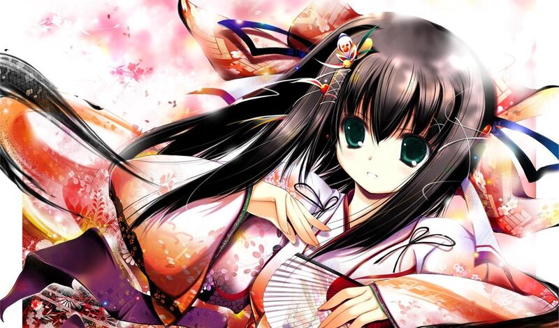 Anime Girl in Kimono — Pink, Serene, Spring, Fan