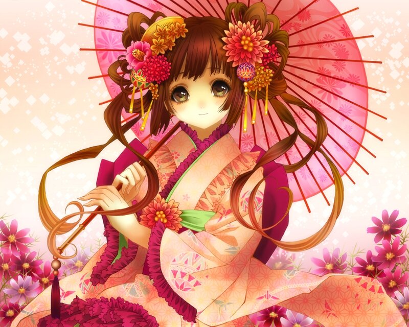 Anime Girl in Kimono — Pink, Serene, Spring, Flower Crown