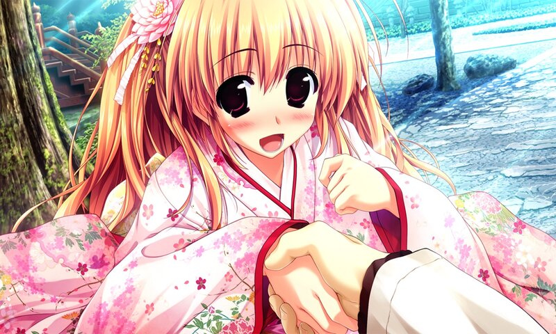 Anime Girl in Kimono — Pink, Serene, Spring, Flower