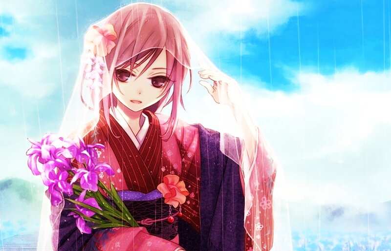 Anime Girl in Kimono — Pink, Serene, Spring, Flowers, Rain