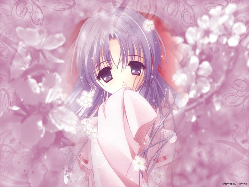 Anime Girl in Kimono — Pink, Serene, Spring, Flowers