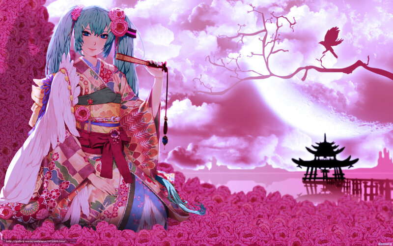 Anime Girl in Kimono — Pink, Serene, Sunset, Digital Art
