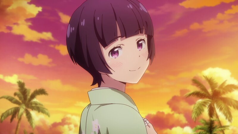 Anime Girl in Kimono — Pink, Serene, Sunset, Palm Trees, Sky