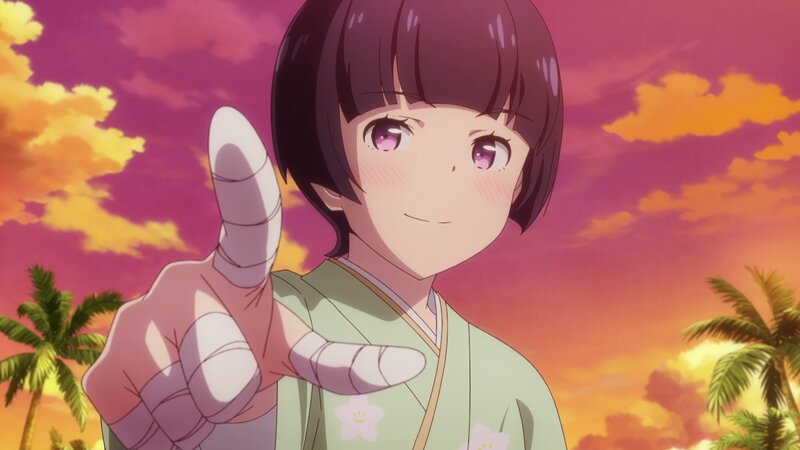 Anime Girl in Kimono — Pink, Serene, Sunset, Palm Trees