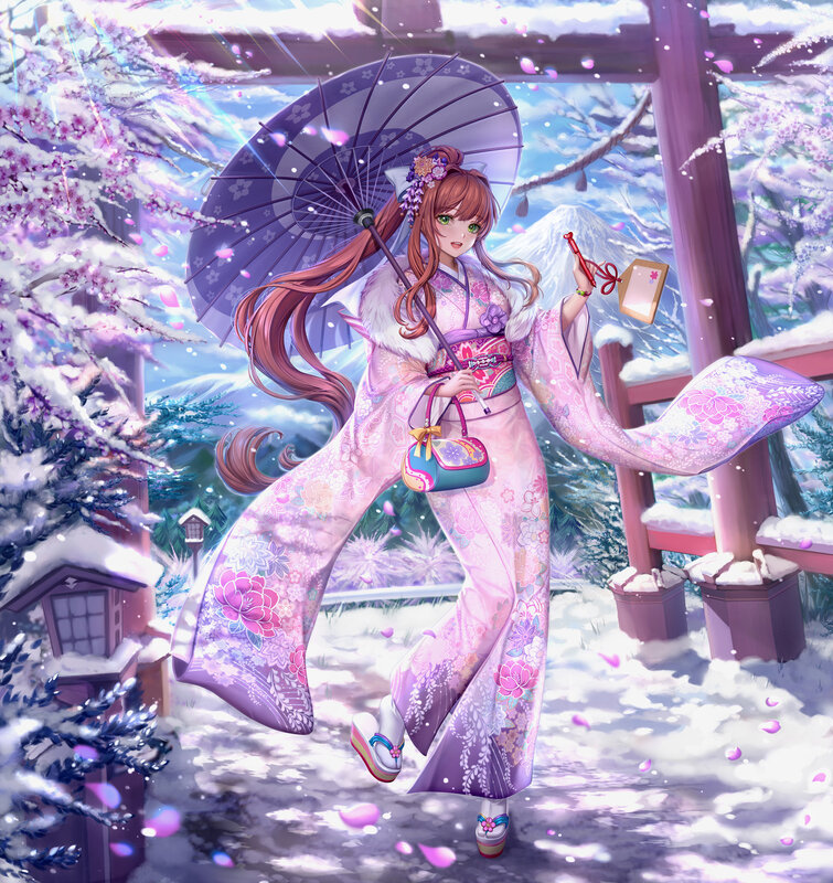 Anime Girl in Kimono — Pink, Serene, Winter, Digital Art, Umbrella