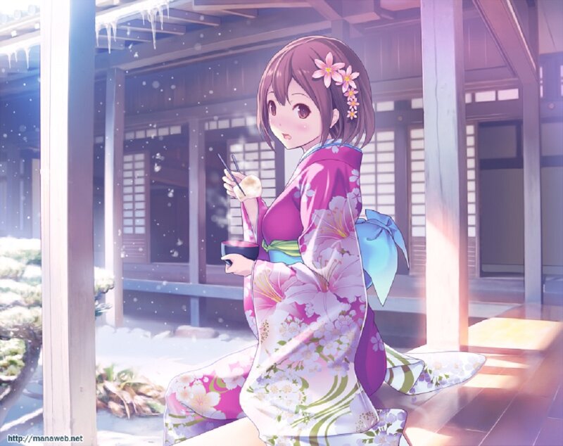 Anime Girl in Kimono — Pink, Serene, Winter, Snow