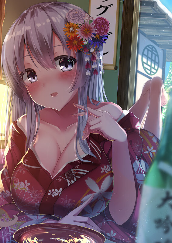 Anime Girl in Kimono — Purple, Calm, Afternoon, Digital Art, Flower Crown