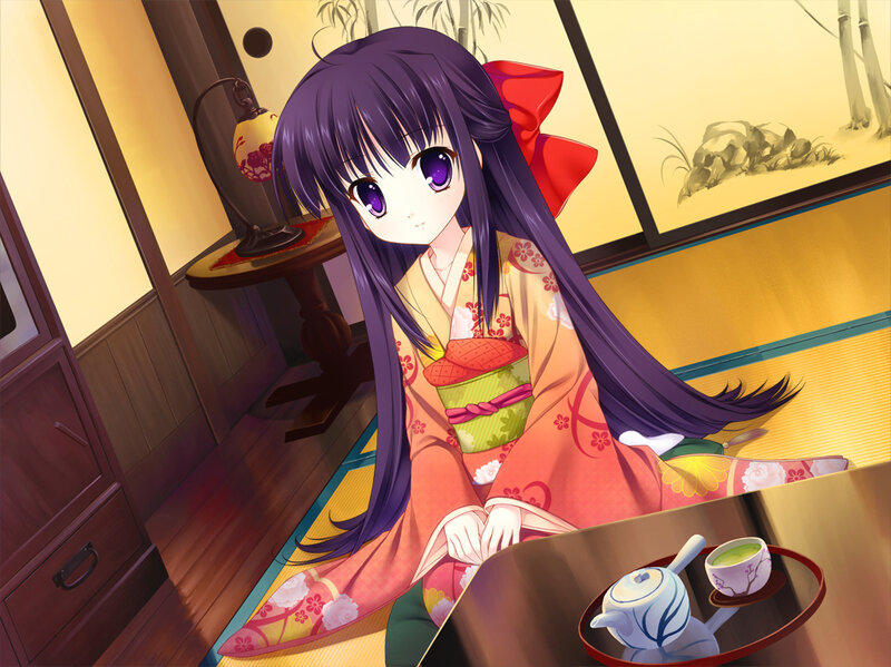 Anime Girl in Kimono — Purple, Calm, Afternoon