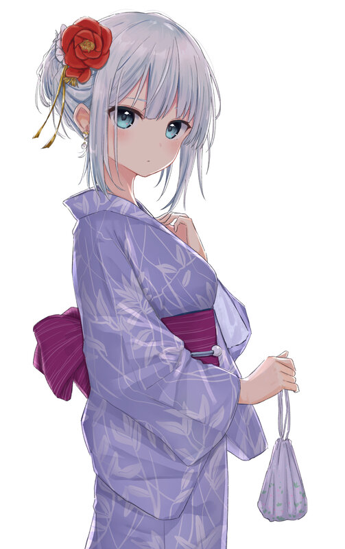 Anime Girl in Kimono — Purple, Calm, Digital Art, Flower