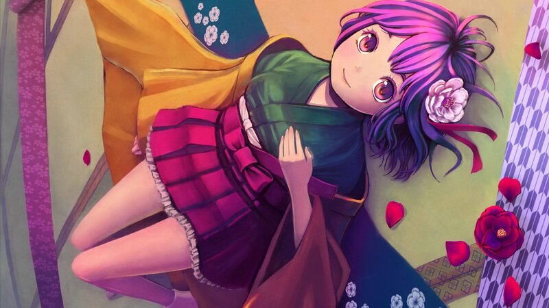 Anime Girl in Kimono — Purple, Calm, Flower