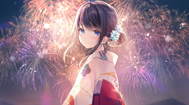 Anime Girl in Kimono — Purple, Celebratory, Night