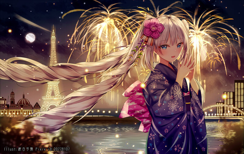 Anime Girl in Kimono — Purple, Celebratory