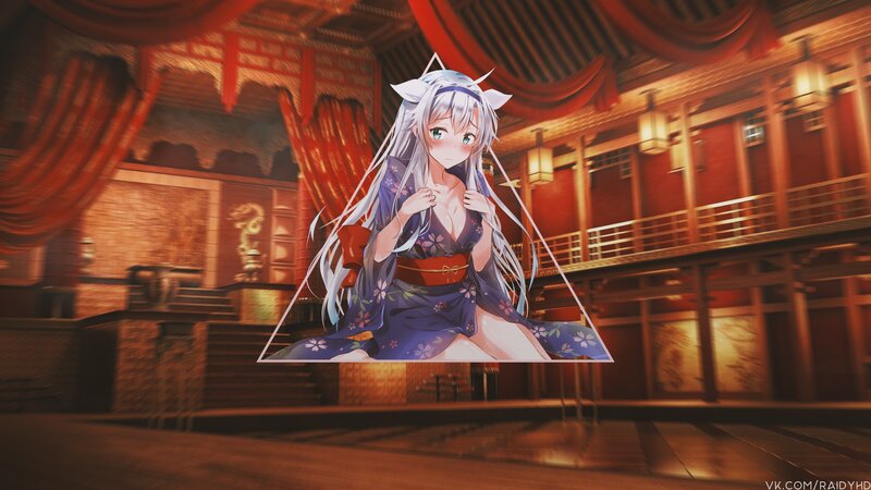 Anime Girl in Kimono — Purple, Dramatic, Night, Digital Art, Cat Ears
