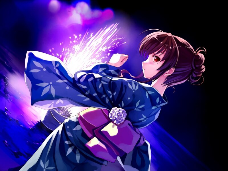 Anime Girl in Kimono — Purple, Dramatic, Night, Digital Art, Fireworks