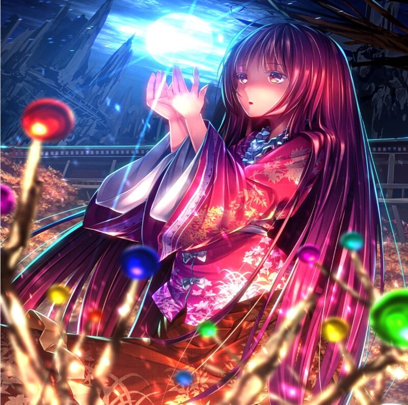 Anime Girl in Kimono — Purple, Dramatic, Night, Digital Art, Light Orbs