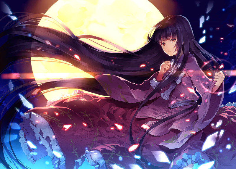 Anime Girl in Kimono — Purple, Dramatic, Night, Moon