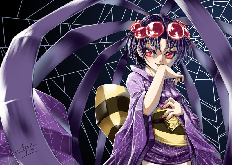 Anime Girl in Kimono — Purple, Dramatic, Night, Red Eyes
