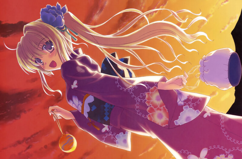 Anime Girl in Kimono — Purple, Dramatic, Sunset, Lanterns