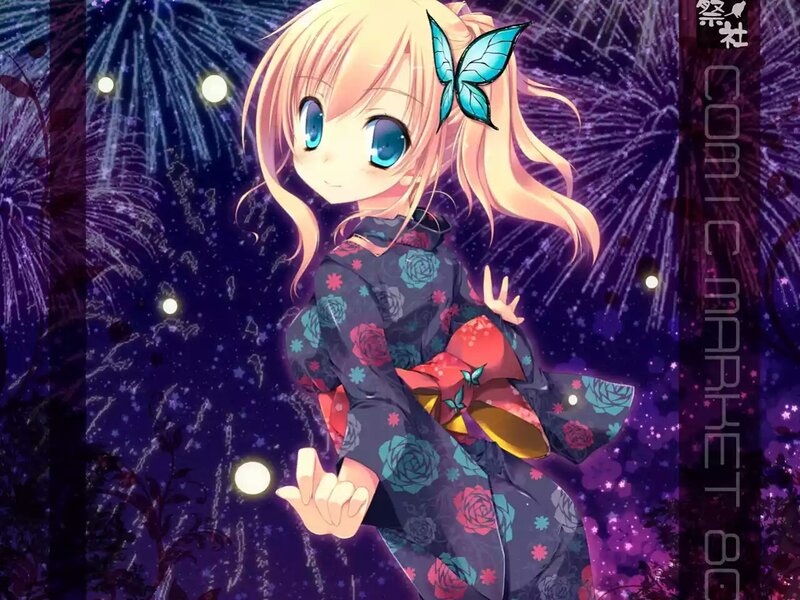 Anime Girl in Kimono — Purple, Festive, Night, Fireworks