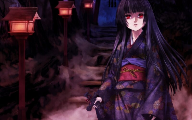 Anime Girl in Kimono — Purple, Mysterious, Night