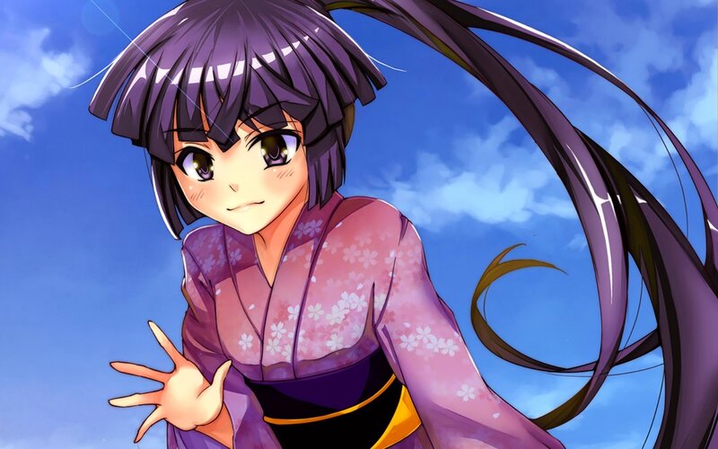 Anime Girl in Kimono — Purple, Playful, Afternoon