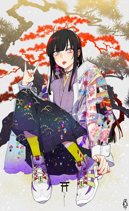 Anime Girl in Kimono — Purple, Playful, Winter