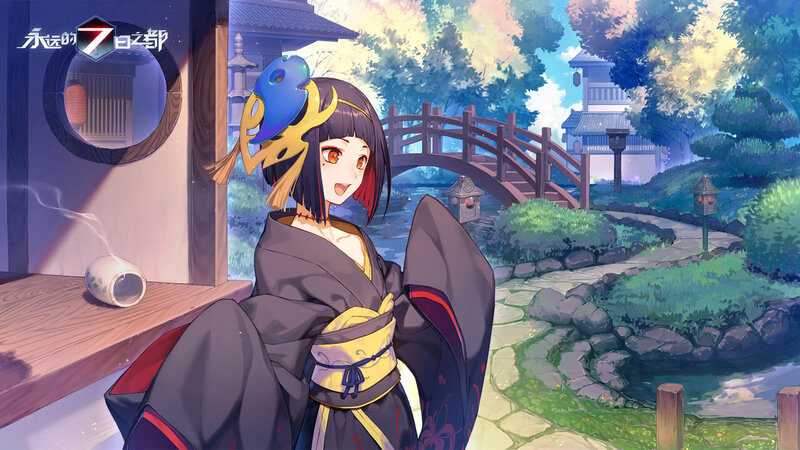 Anime Girl in Kimono — Purple, Serene, Afternoon, Digital Art, Bridge