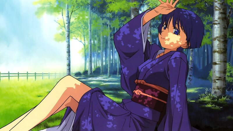 Anime Girl in Kimono — Purple, Serene, Afternoon, Forest