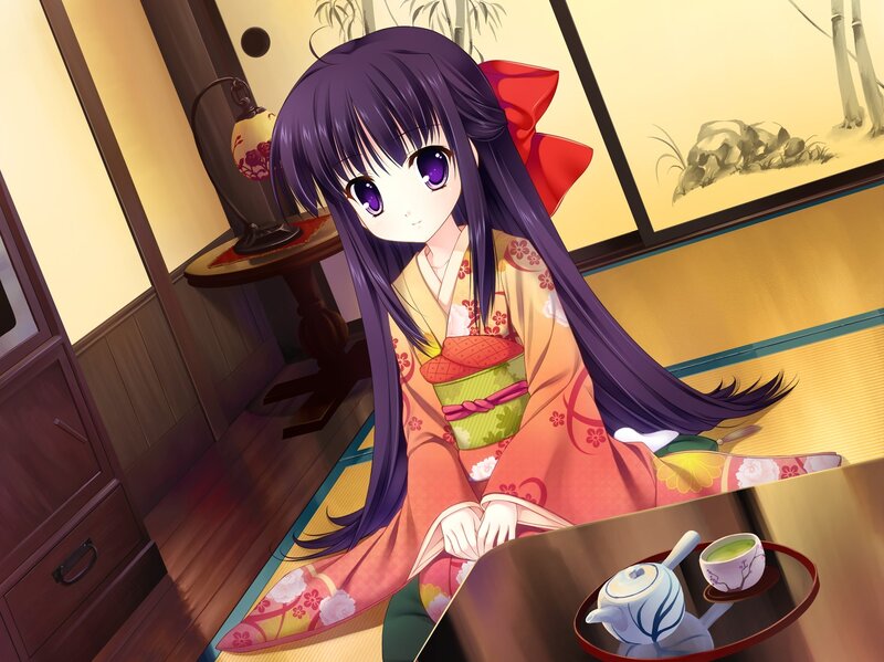 Anime Girl in Kimono — Purple, Serene, Afternoon, Tea Set