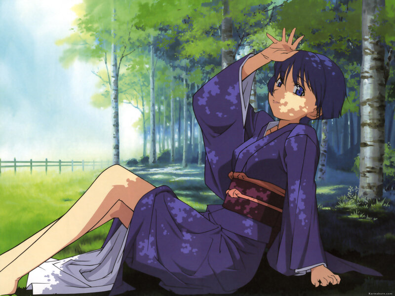 Anime Girl in Kimono — Purple, Serene, Afternoon