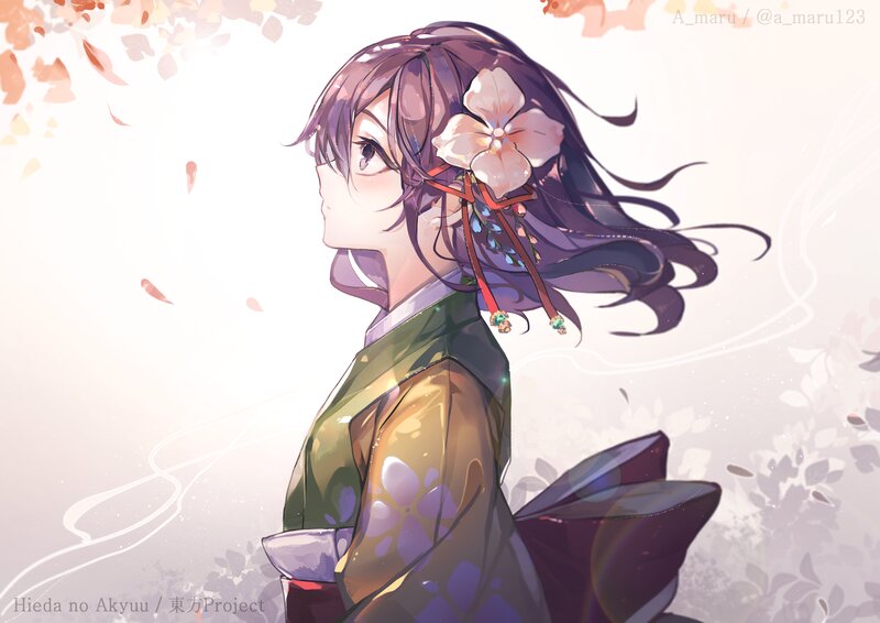 Anime Girl in Kimono — Purple, Serene, Autumn, Digital Art, Flower