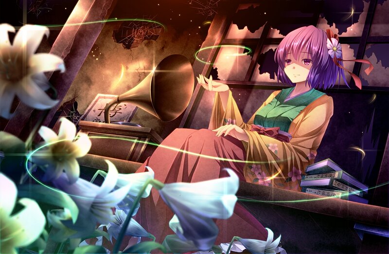Anime Girl in Kimono — Purple, Serene, Night, Digital Art, Gramophone