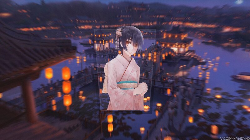 Anime Girl in Kimono — Purple, Serene, Night, Digital Art, Lanterns, River