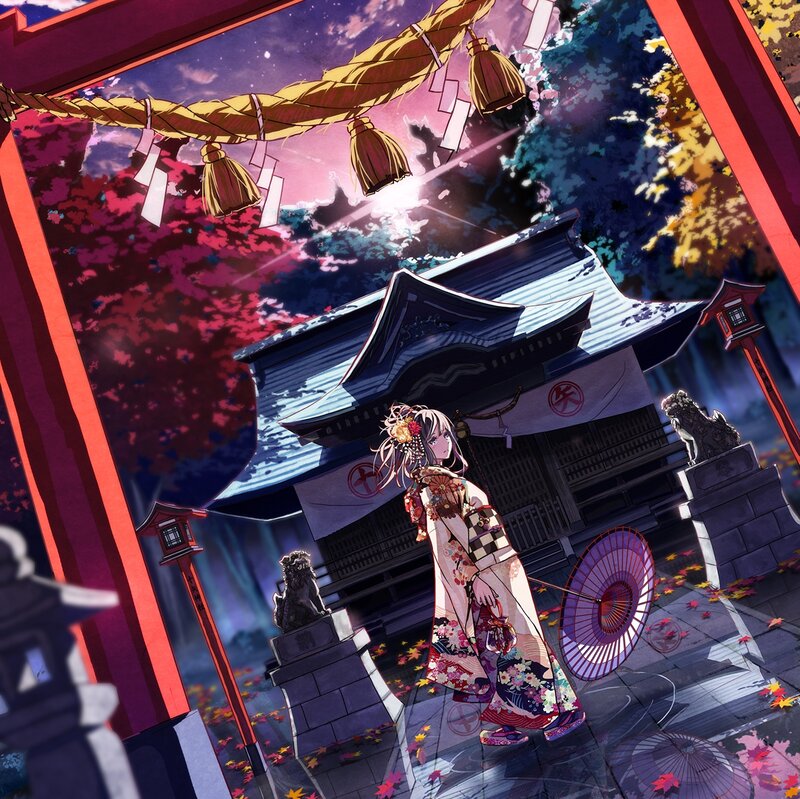 Anime Girl in Kimono — Purple, Serene, Night, Digital Art, Temple