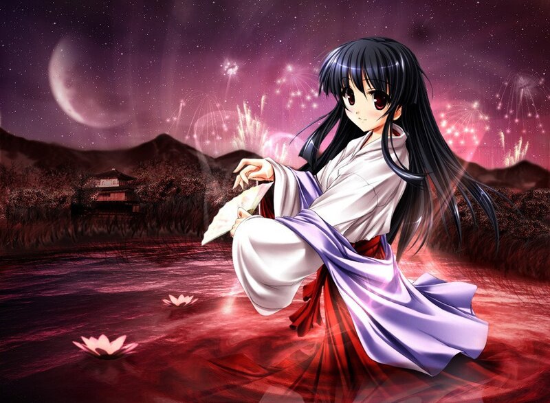 Anime Girl in Kimono — Purple, Serene, Night, Fireworks