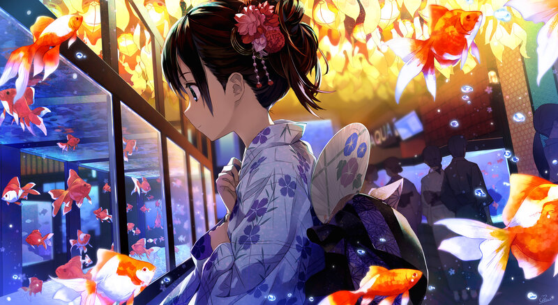 Anime Girl in Kimono — Purple, Serene, Night, Goldfish