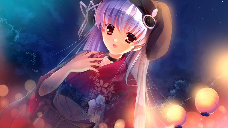 Anime Girl in Kimono — Purple, Serene, Night, Lanterns