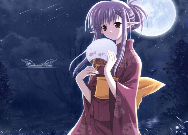 Anime Girl in Kimono — Purple, Serene, Night, Moon