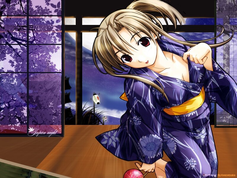 Anime Girl in Kimono — Purple, Serene, Night, Sakura Trees