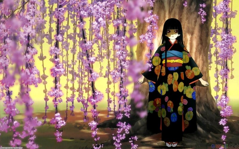Anime Girl in Kimono — Purple, Serene, Spring, Cherry Blossoms, Tree